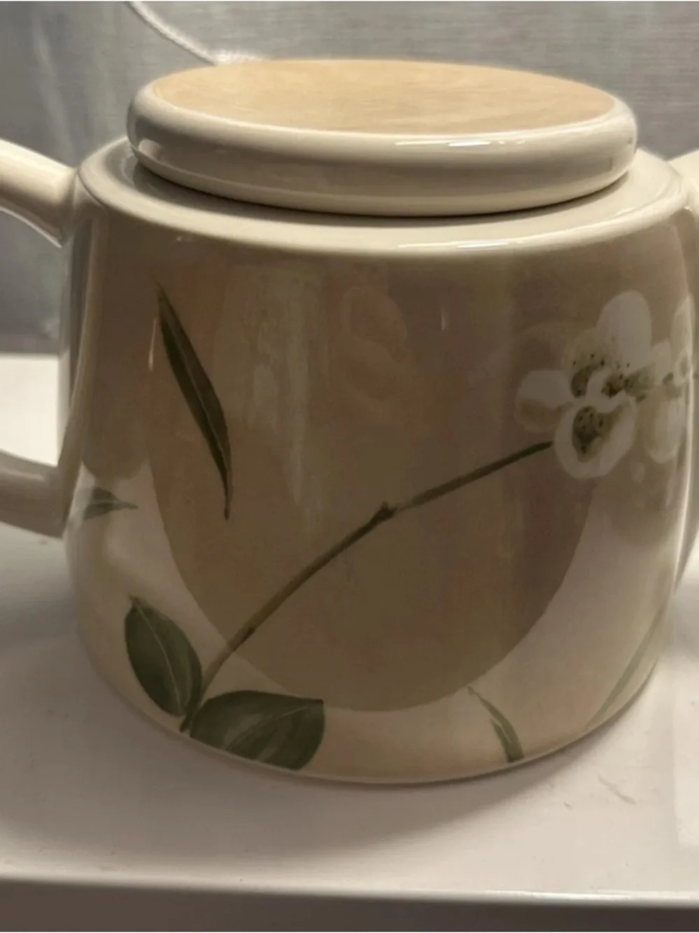 Crate and Barrel Cream Floral Ceramic Tea Set - Teapot, Creamer & Sugar Bowl